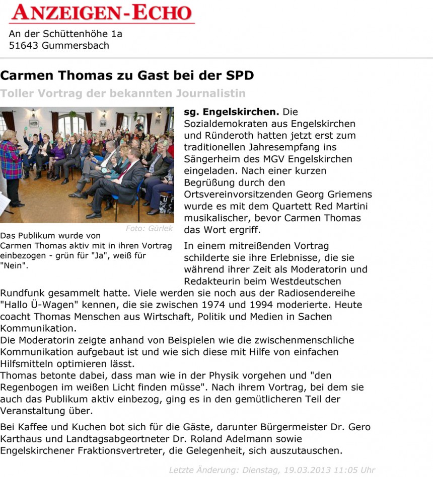 Carmen Thomas zu Gast bei der SPD - Engelskirchen - Anzeigen-Ech
